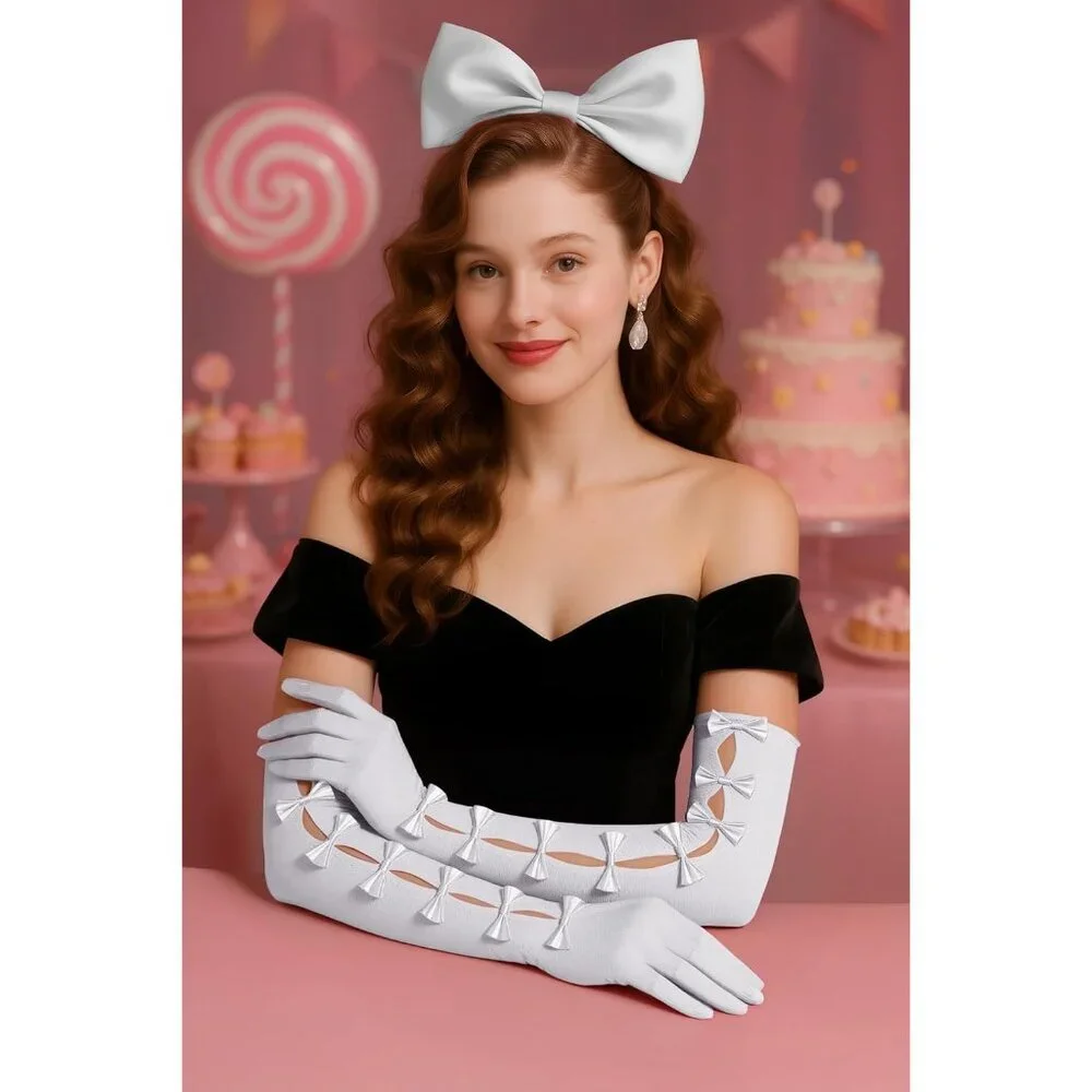 Women's Princess White Long Sleeves Gloves Bow Lace Mesh Tulle Party Prom